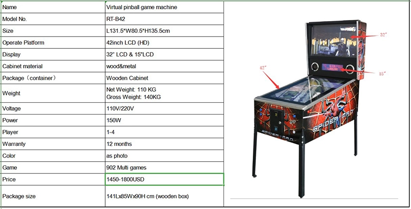 902 Games Virtual Flipper Pinball Arcade Game Machine for Amusement