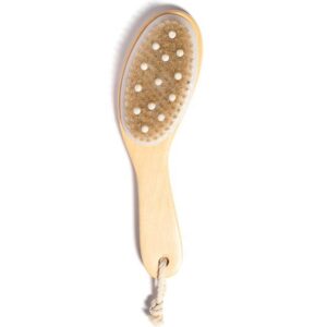 A bamboo brush with boar bristles and rubber tips, designed for exfoliating and massaging the body.