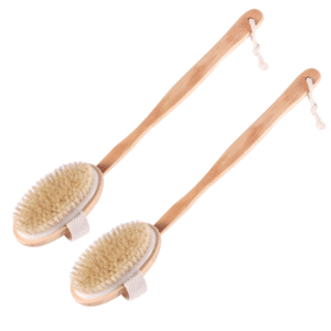 Long handle brush for bathing with natural wood handle and soft bristles, designed for full-body exfoliation.