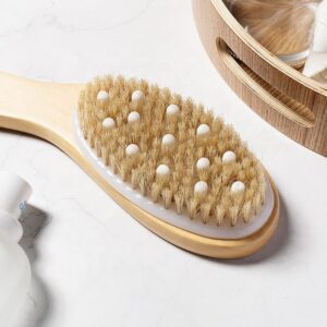 A bamboo brush with boar bristles and rubber tips, designed for exfoliating and massaging the body.
