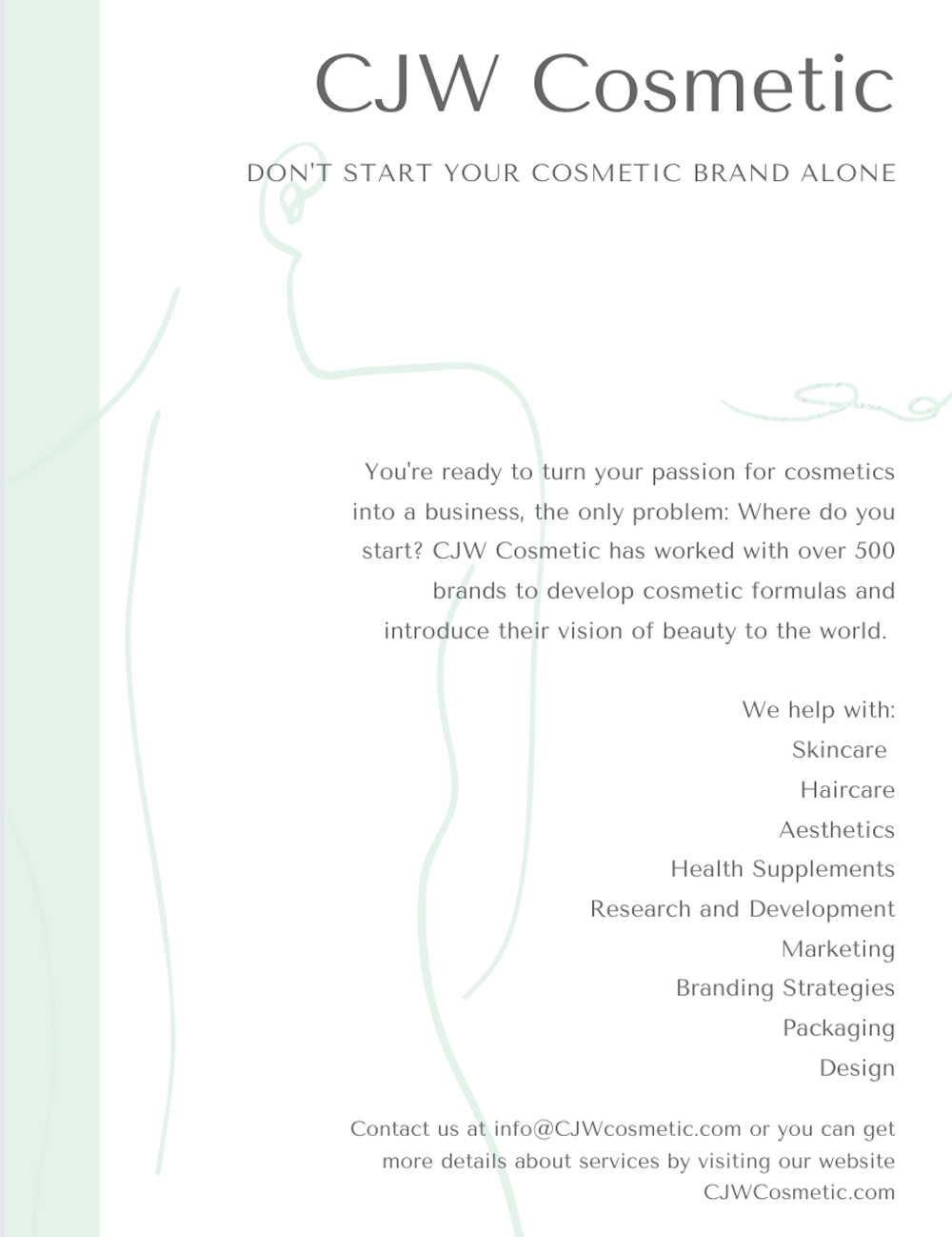 CJW Cosmetic ODM OEM Poster explaining our cosmetic services in beauty, health, skincare, and haircare and how we work with startups with any step of their business process 