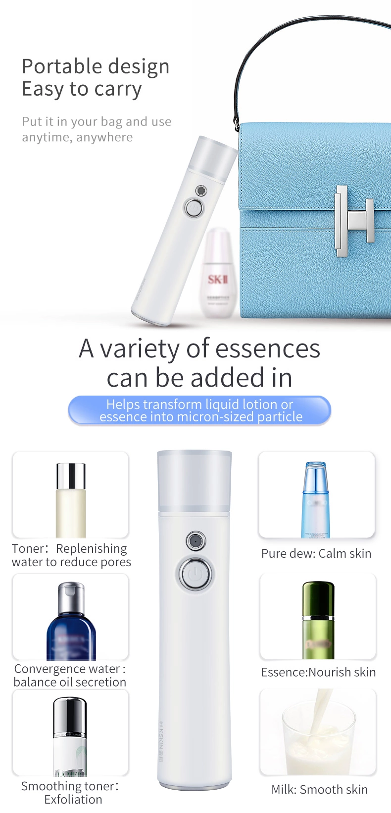 new essence sprayer face mist sprayer CE OEM face Hydrating Skin moisture test Portable Face Nano Mist Spray with power bank