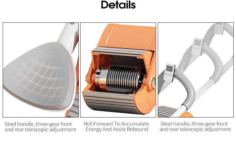 ■ 肘部支撑回弹腹轮与平板支撑合二为一，高效训练更多肌肉群 ■ 与其他AB滚轮不同，我们在10cm加宽轮上添加了橡胶，减少对地板的摩擦，安静不伤身体地面。 ■ 双弹簧强力自动回弹设计，有效保护肌肉，减少运动伤害 ■ 高强度ABS支架和碳钢弧形扶手，适合不同体重的人训练 ■ 可选配计时仪，安装在扶手上 ■ 支持定制肘部支撑ab 滚轮徽标