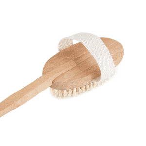 Long handle brush for bathing with natural wood handle and soft bristles, designed for full-body exfoliation.
