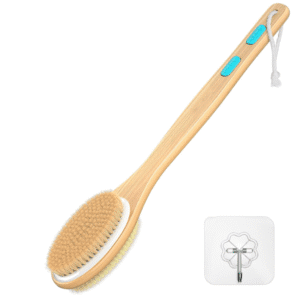 Long handle shower brush with natural bristles and non-slip grip, designed as a body scrubber tool suitable for wet or dry use.