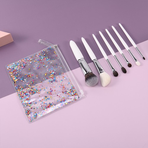 7PCS White Makeup Brush Set with Glitter Cosmetic Bag – Low MOQ Private Label for Beauty Brands