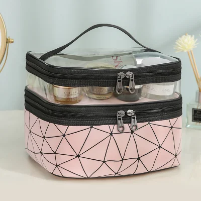 Custom PU Transparent Makeup Bag Zipper Storage Bag Large Double Layer Cosmetic Multi-Functional Toiletry Waterproof Bag