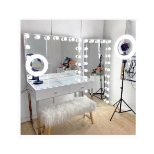 White Large Desktop Hollywood Mirror with Light Bulbs Makeup Vanity Dressing Table Large