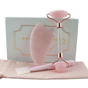 2019 New Product Acrylic Handle Rose Quartz Guasha And Jade Facial Roller Massage