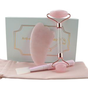 2019 New Product Acrylic Handle Rose Quartz Guasha And Jade Facial Roller Massage