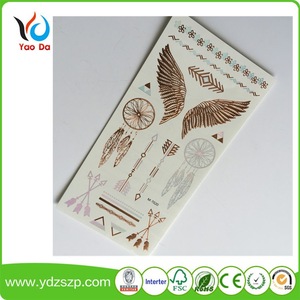Eco-friendly flash gold metallic temporary tattoo sticker with full color and most fashionable designs body art