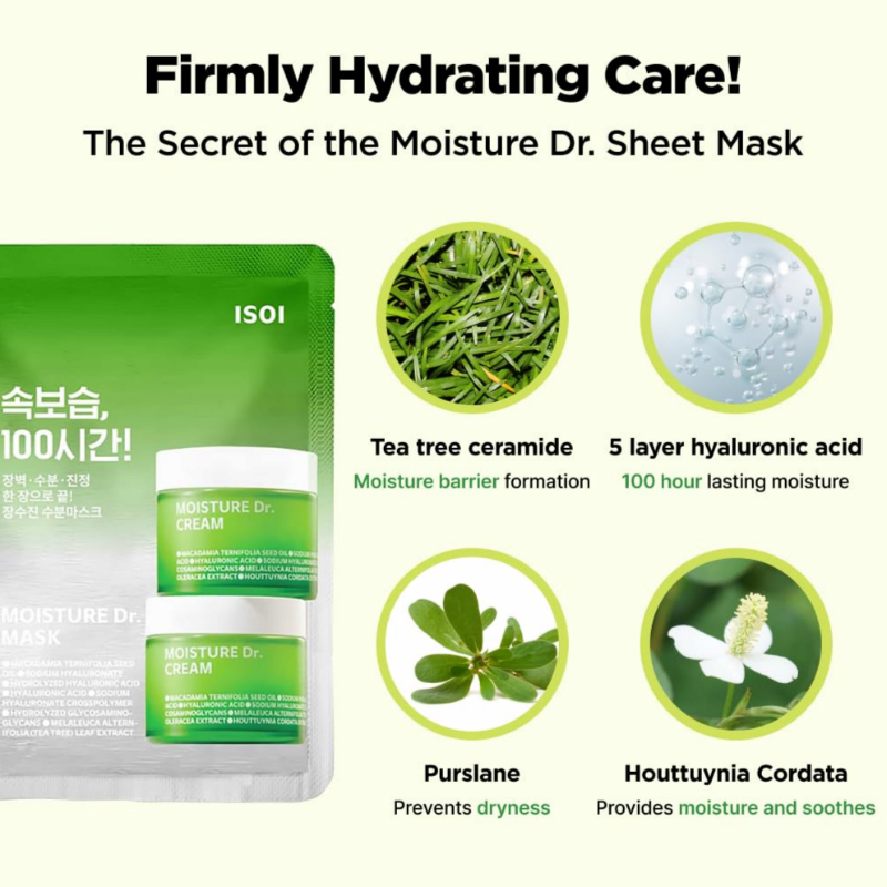 ISOI Moisture Dr. Mask Pack Hydrating Soothing Sheet Mask with Tea Tree Ceramide Hyaluronic Acid