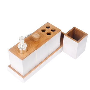 Supply Bamboo Bathroom Accessories Bath Caddy Set Includes Pump Soap Dispenser, Toothebrush Holder