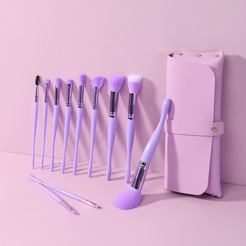Custom Logo Private Label 10Pcs Purple Makeup Brush Set with PU Leather Travel Pouch Lavender Cosmetic Tool Kit