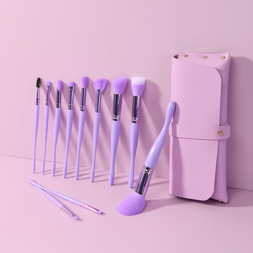 Custom Logo Private Label 10Pcs Purple Makeup Brush Set with PU Leather Travel Pouch Lavender Cosmetic Tool Kit