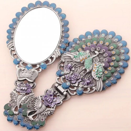 Creative Unique 3D Relief Design Zinc Alloy Peacock Retro Folding Handle Mirror