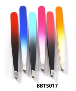 Customized logo blue pink color precision stainless steel slant pointed tip eyebrow hair plucking tweezers in tin storage box