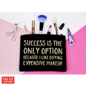 Eco-friendly cotton canvas black color simple design cosmetic makeup and brush gift bags purse with gold foil stamp logo