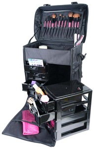 Soft Makeup Artist Rolling Trolley Cosmetic Case with Free Set of Mesh Bags, Jet Black