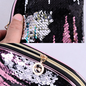 Wholesale new design pink reversible sequin bag women cosmetic bag makeup