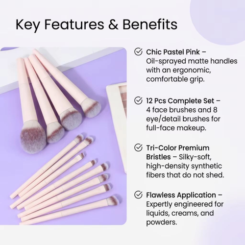Professional 12 Pcs Soft Pink Makeup Brush Set Premium Vegan Synthetic Fiber Brushes Private Label Cosmetics Brushes Tools Set