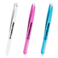 3PCS Eyebrow Tweezer with Comb Slant Tip Stainless Steel Tip Professional Eyebrow Tweezer Tool for Men and Women (3 Colors)