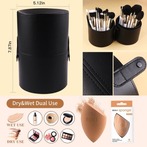 Custom Logo Private Label 24-30 Pcs Makeup Brush Set with Leather Cylinder Holder Case and Beauty Sponge Wholesale