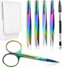 Eyebrow Tweezers Set Rain-bow Pack of 6 for Ingrown Facial Hair Removal Scissors Slant Pointed Tweezer Kit for Women's & Men's