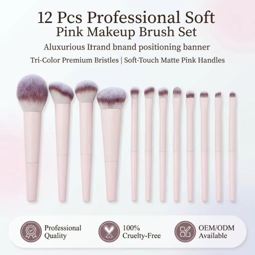Professional 12 Pcs Soft Pink Makeup Brush Set Premium Vegan Synthetic Fiber Brushes Private Label Cosmetics Brushes Tools Set
