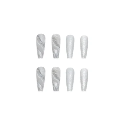 Long Coffin Shape Fake Nail Tips Sliver Glitter Powder Light Artificial Fingernails