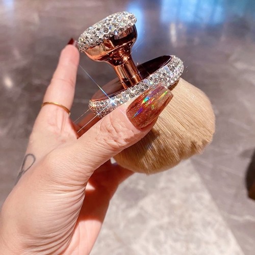Luxury Crystal Kabuki Powder Brush with Rose Gold Handle – Ultra-Soft Dense Bristles for Face & Body Makeup, Custom Private Label Available