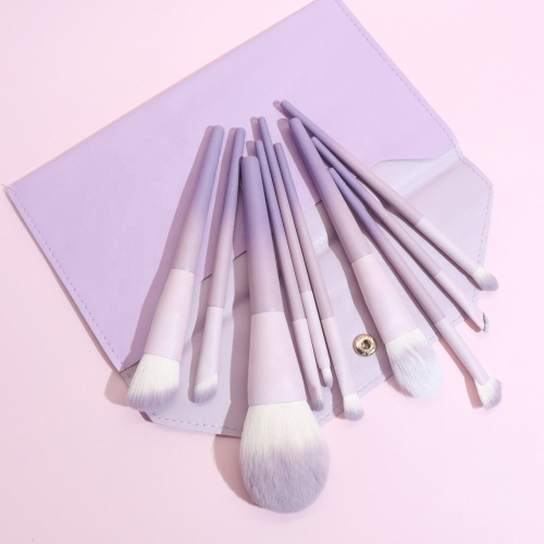 Custom Logo 10Pcs Purple Makeup Brush Set with PU Leather Envelope Bag Soft Synthetic Hair Cosmetic Brushes Wholesale OEM/ODM