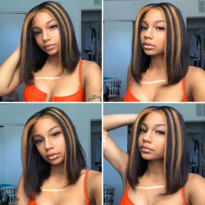 Honey Blonde Highlight Short Bob Straight Hair Lace Front Wigs