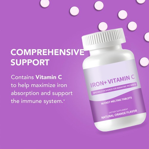 Iron + Vitamin C Fast-Melting Tablets, Specially Formulated for Bariatric Patients, Natural Orange Flavor, 90 Count, Dietary Supplement | OEM Custom Available
