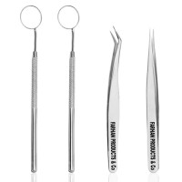 2 Pcs Eyelash Extension Mirror Mini Stainless Steel Mirror with 2 Pcs Curved and Straight Tweezers Beauty Tools