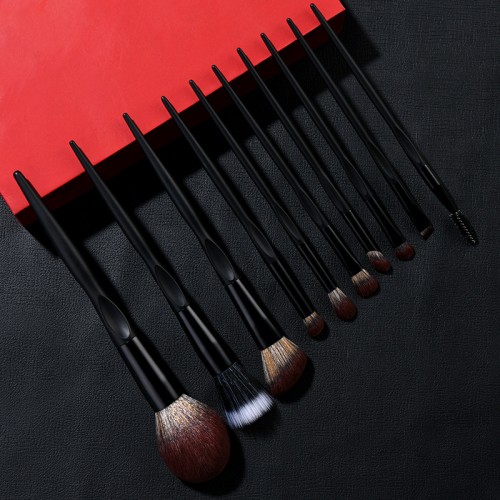 10Pcs Premium Black Makeup Brush Set Private Label Ergonomic Handle Cosmetic Powder Foundation Eyeshadow Brushes with Leather Case Wholesale