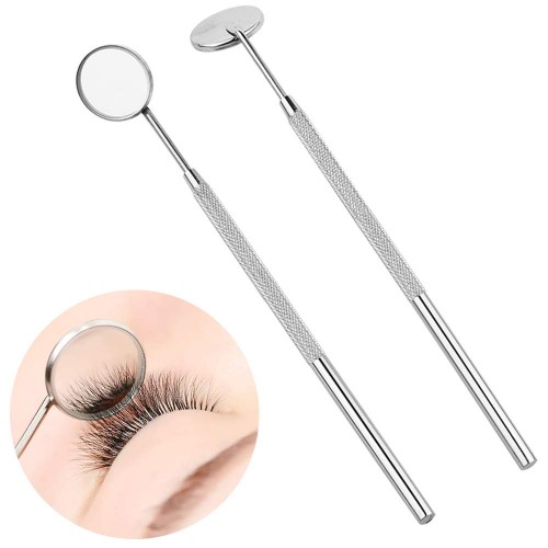 2 Pcs Eyelash Extension Mirror Mini Stainless Steel Mirror with 2 Pcs Curved and Straight Tweezers Beauty Tools