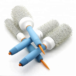 Blue Anti-static Silicone Handle Round Rolling Tangle Hair Brush Barber Fluffy Hair Blowing Brush Salon Ceramic Hairstyling Comb