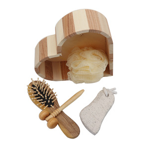 Promotional wood heart box 5pcs  bath accessory set, Loofah Brush /comb Wooden box spa set /Bath Gift Set