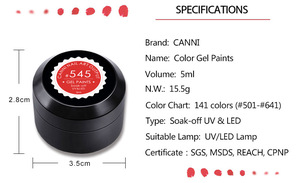 50628X CANNI Factory Wholesale 5ml 141 Pure Colors High Quality Soak off UV LED Lamp Nail Art Painting Color Gel Lacquer Varnish