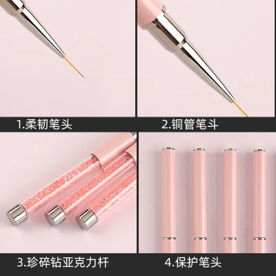 5/7/9/11/13/15mm Rhinestones Handle UV Gel Acrylic Tips Grid Stripes Nails Art Drawing Pen Painting Tools Nail Liner Brush