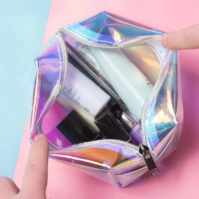 Holographic Clear Zipper PVC Fashion Travel Colorful Transparent Organizer Makeup Cosmetic Bag and Women Handbag