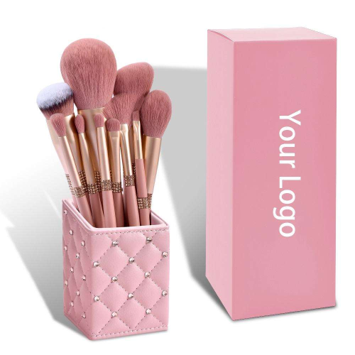 Custom Logo Pink Makeup Brush Set Private Label Luxury 10 Pcs Rhinestone Cosmetic Brushes with Crystal Leather Holder Case Box Wholesale