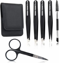 Eyebrow Tweezers Set Black Pack of 6 for Ingrown Facial Hair Removal Scissors Slant Pointed Tweezer Kit for Women's & Men's