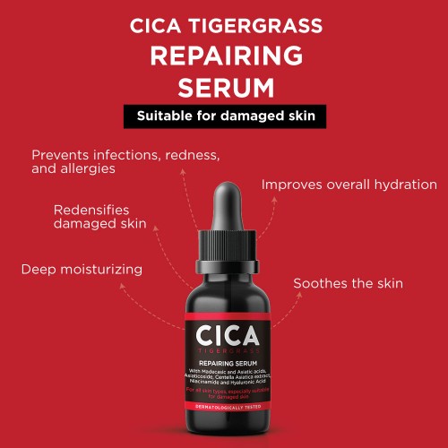 Repairing Serum Cica Tigergrass 30ML. Suitable for damaged skin, Help repair skin damaged by external factors, reduce inflamation,redness and irritation. Vegan Serum With +96% of ingredients of natural origin. Contains Cica, Hyaluronic Acid, and Niacinamide