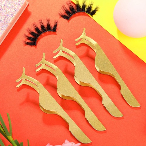 24 PCS False Eyelashes Applicator Tool Stainless Steel Eyelash Extension Tweezers Remover Clip Eyelash Tweezers ( Gold )