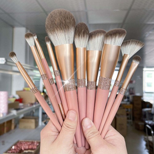 Custom Logo Pink Makeup Brush Set Private Label Luxury 10 Pcs Rhinestone Cosmetic Brushes with Crystal Leather Holder Case Box Wholesale