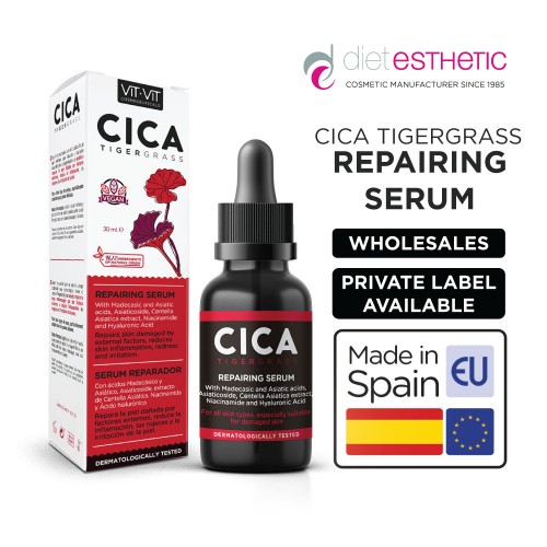 Repairing Serum Cica Tigergrass 30ML. Suitable for damaged skin, Help repair skin damaged by external factors, reduce inflamation,redness and irritation. Vegan Serum With +96% of ingredients of natural origin. Contains Cica, Hyaluronic Acid, and Niacinamide