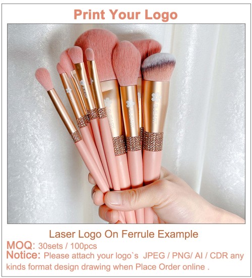 Custom Logo Pink Makeup Brush Set Private Label Luxury 10 Pcs Rhinestone Cosmetic Brushes with Crystal Leather Holder Case Box Wholesale