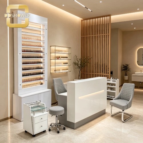 White Salon Reception Counter with Built-in Linear LED Light and Large Storage Cabinet for Cream Nail Salon